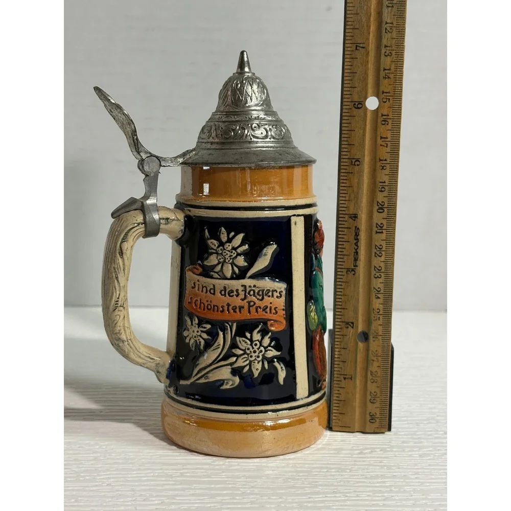 Vintage German Beer Stein Pewter Lid Cobalt Blue Relief Edelweiss Souvenir S0118
